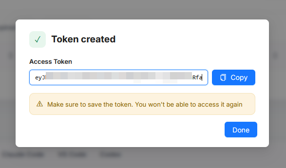 Token value shown after creation with copy button
