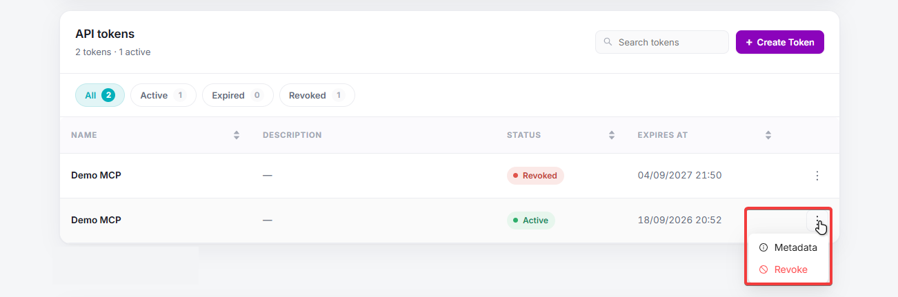 Token list with metadata popup