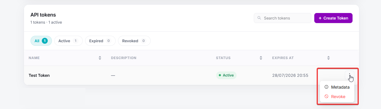 Token list with metadata popup