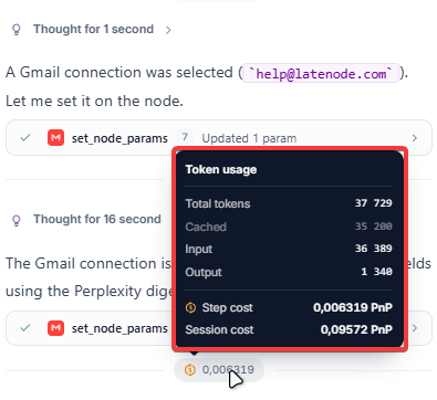 Token usage popup with total tokens, step cost, and session cost in PnP