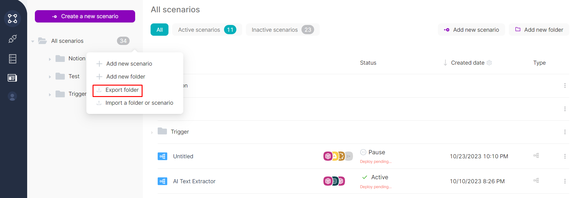 Export folder action