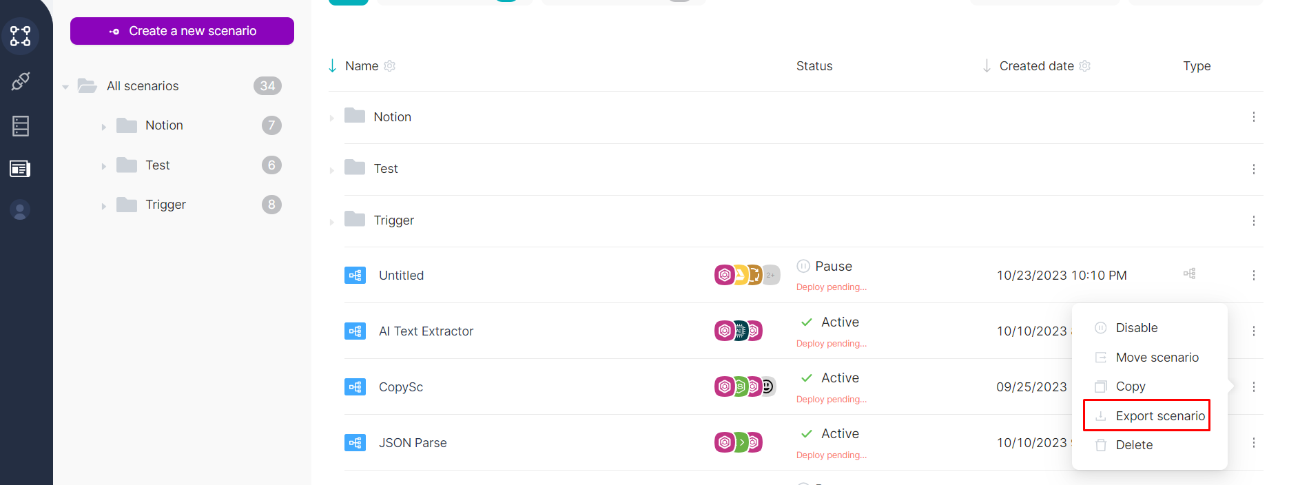 Export scenario action
