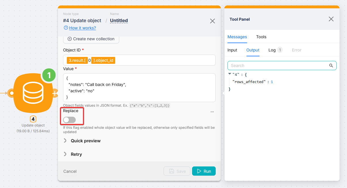 Update object: partial update (Replace off)