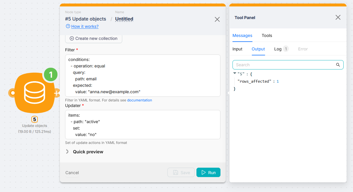 Update objects: Filter and Updater (items), rows_affected in the output
